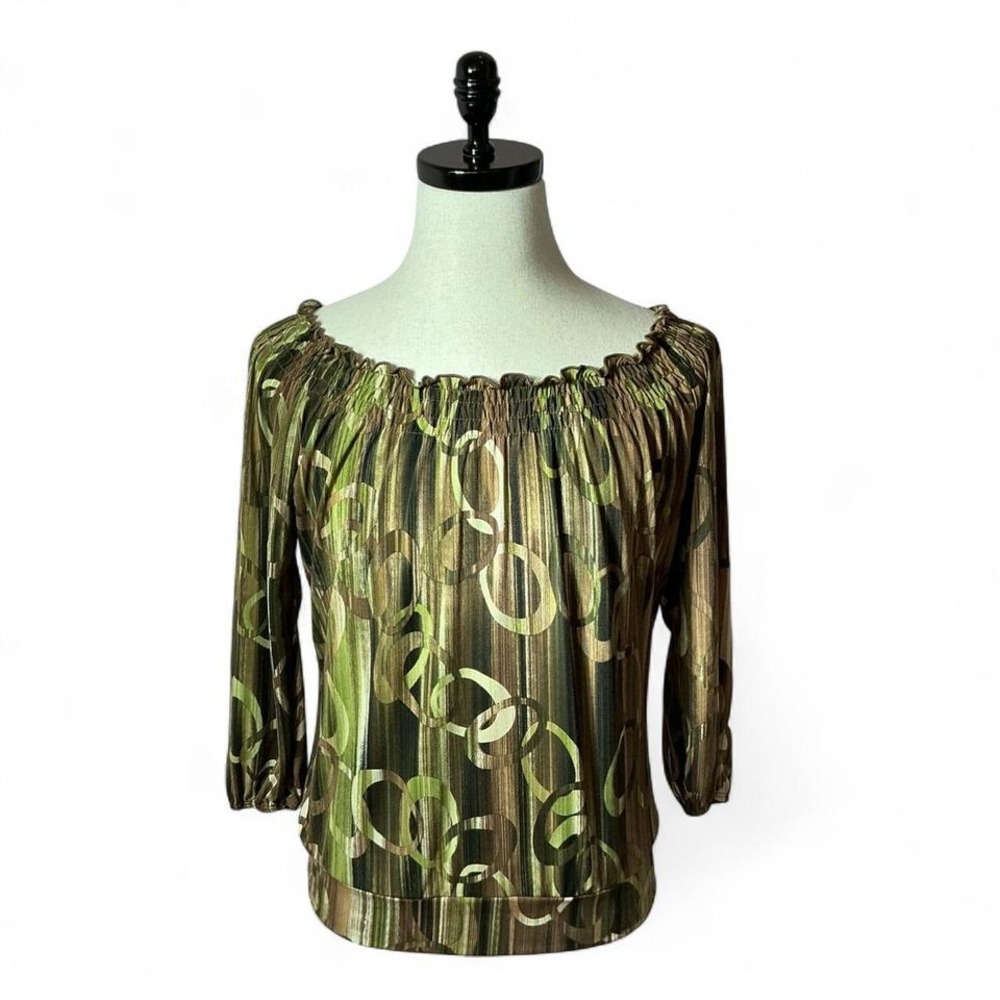 Carol Rose Olive Green Blouse Top 3/4 Sleeve Circle‎ Pattern Party Boho